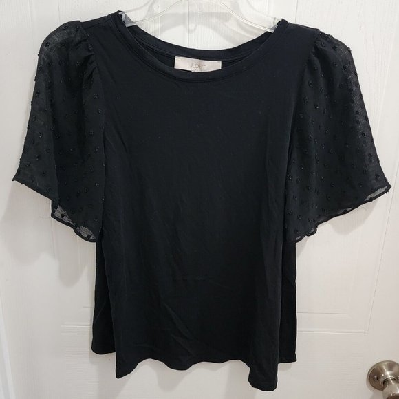 Loft Women's Blouse Top Short Sheer Sleeves Clipdot Black Size XXS Pima Cotton - Picture 1 of 7